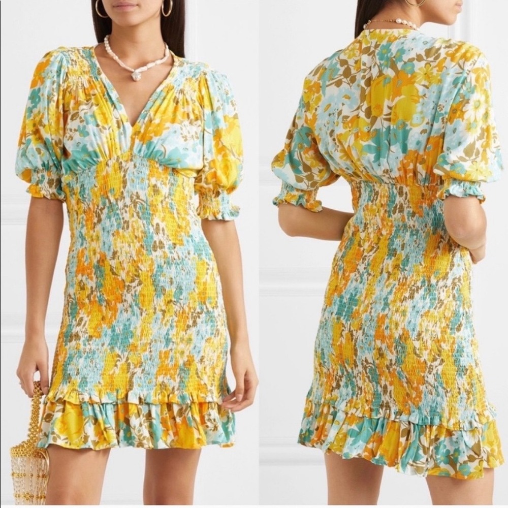 Faithfull the Brand Margherita Mini Dress Annina Floral Smocked Yellow Blue US 4